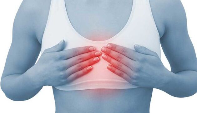 Pain in the sternum in the front is a sign of osteochondrosis of the thoracic spine.